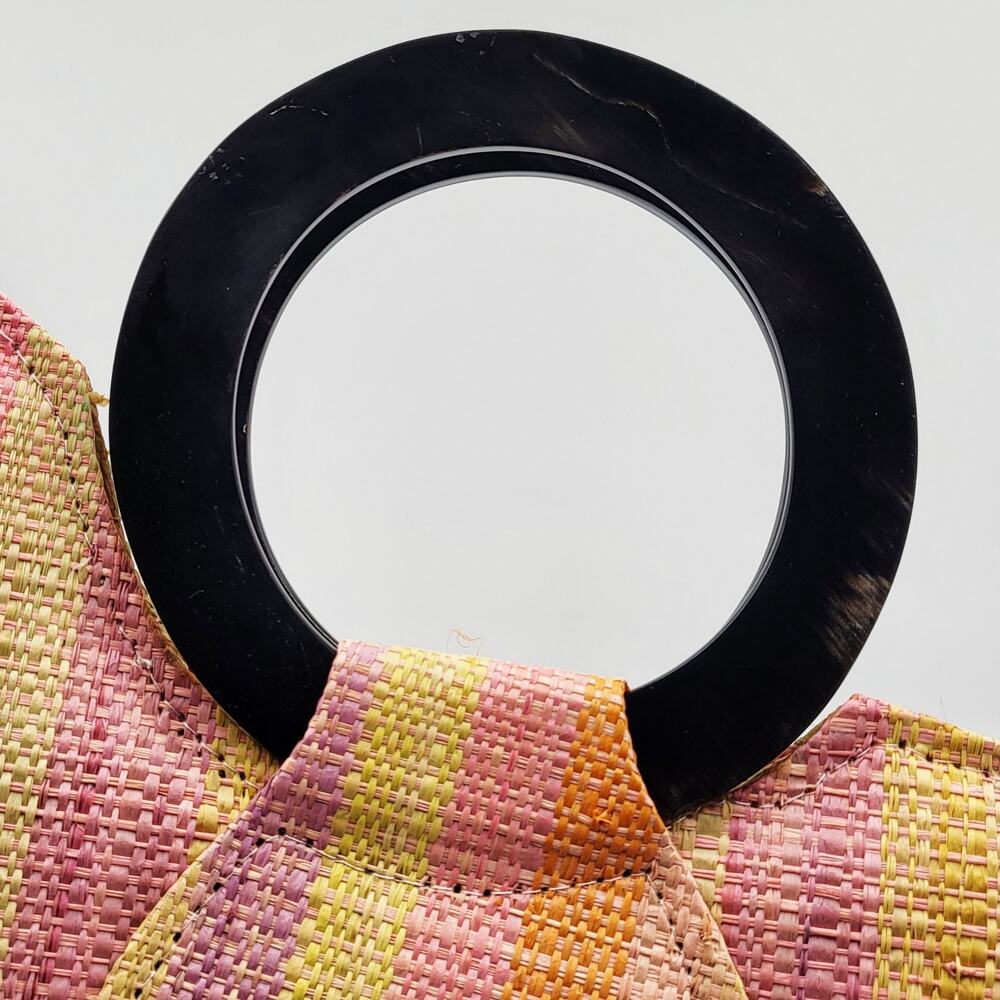 Geometric Rainbow Structured Striped Handbag Tote Bag with Wooden Handles - Picture 7 of 12